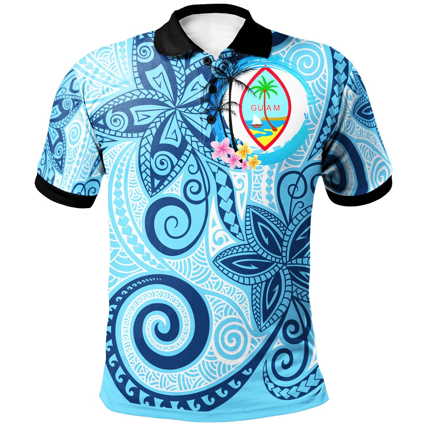 Guam Polo Shirt Tribal Plumeria Pattern Unisex Blue - Polynesian Pride