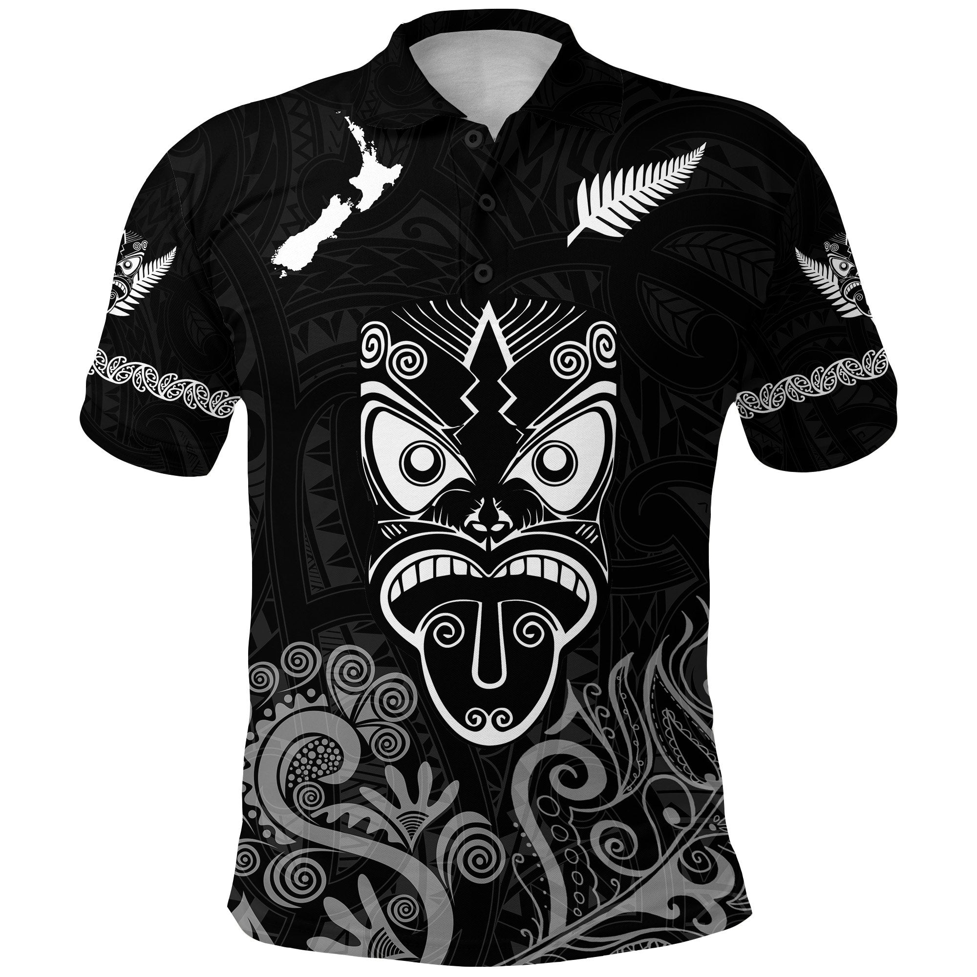 Maori Aotearoa Rugby Haka Polo Shirt New Zealand Silver Fern Black Black - Polynesian Pride