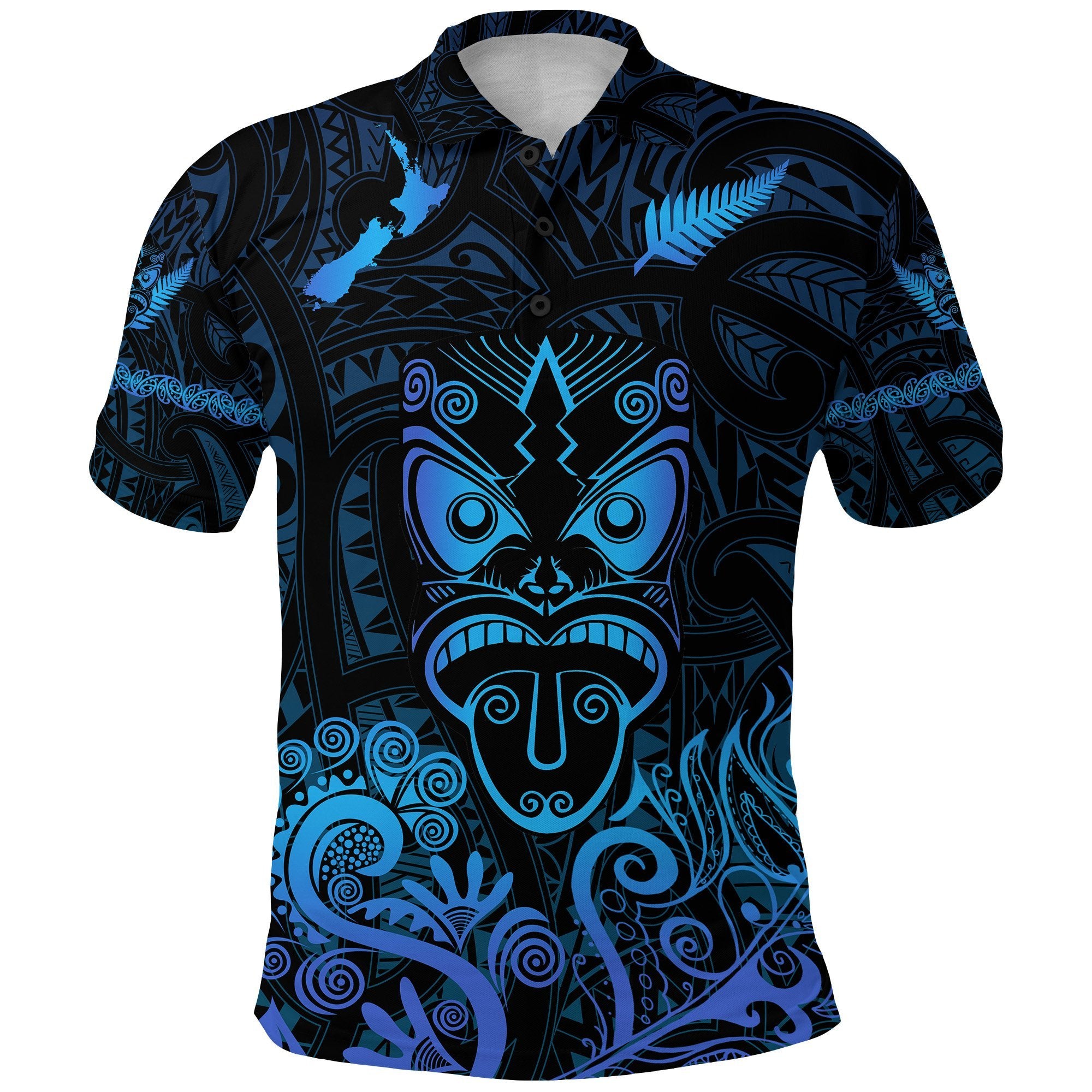 Maori Aotearoa Rugby Haka Polo Shirt New Zealand Silver Fern Blue Unisex Blue - Polynesian Pride