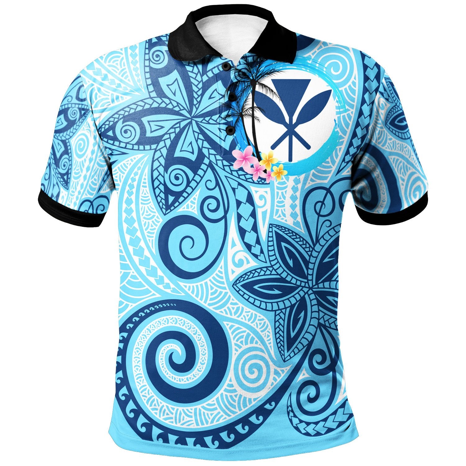 Hawaii Polo Shirt Tribal Plumeria Pattern Unisex Blue - Polynesian Pride