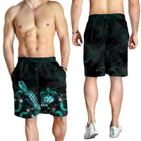 Samoa Polynesian Men's Shorts - Turtle With Blooming Hibiscus Turquoise - Polynesian Pride