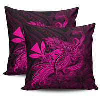 Hula Girl Hibiscus Kanaka Poly Pillow Covers - Pink 18'' x 18'' Set Of 2 Pink - Polynesian Pride