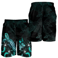 New Caledonia Polynesian Men's Shorts - Turtle With Blooming Hibiscus Turquoise - Polynesian Pride