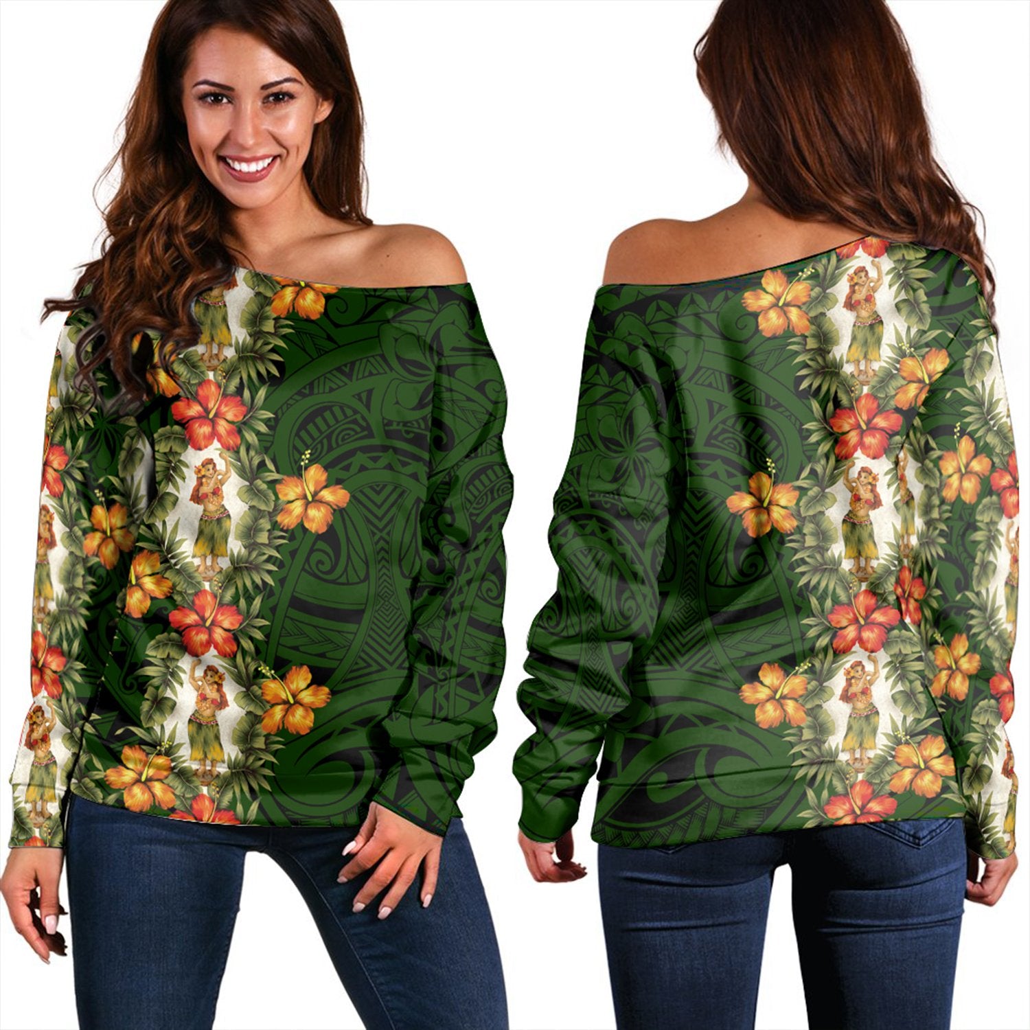Hawaii - Hula Girl Tropical Style Women's Off Shoulder Sweatshirt AH Black - Polynesian Pride