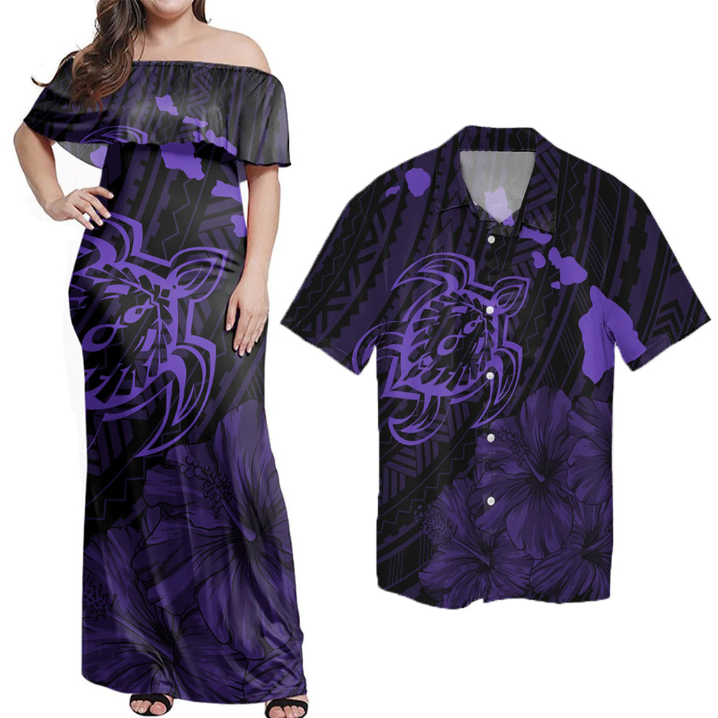 Matching Couple Hawaiian Outfits Dress and Hawaiian Shirt Hibiscus Sea Turtle Swim Polynesian Purple RLT14 - Polynesian Pride
