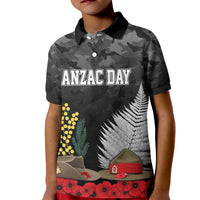 ANZAC DAY Kid Polo Shirt Camo Style - Slouch Hats Mix Silver Fern Golden Wattle LT7 Kid Black - Polynesian Pride
