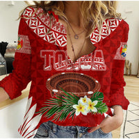 Personalised Tonga Independence Day Women Casual Shirt Kumete Kava Bowl With Plumeria LT7 Female Red - Polynesian Pride