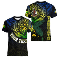 Personalised Vanuatu Women V Neck T Shirt Turtle Chest Tattoo Flag Color - Malampa LT7 Female Black - Polynesian Pride