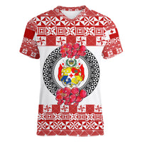(Custom Personalised) Tonga Emancipation Day Women V Neck T Shirt Independence Day - Simple Ngatu Heilala Flower - White Red LT8 - Polynesian Pride