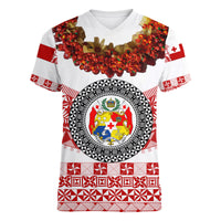 (Custom Personalised) Tonga Emancipation Day Women V Neck T Shirt Independence Day - Fancy Kahoa Heilala Flower - White Red LT8 - Polynesian Pride