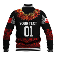 (Custom Personalised) Tonga Emancipation Day Baseball Jacket Independence Day - Fancy Kahoa Heilala Flower - Black Red LT8 - Polynesian Pride