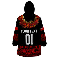 (Custom Personalised) Tonga Emancipation Day Wearable Blanket Hoodie Independence Day - Fancy Kahoa Heilala Flower - Black Red LT8 - Polynesian Pride