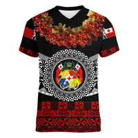 (Custom Personalised) Tonga Emancipation Day Women V Neck T Shirt Independence Day - Fancy Kahoa Heilala Flower - Black Red LT8 - Polynesian Pride