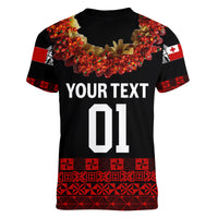 (Custom Personalised) Tonga Emancipation Day Women V Neck T Shirt Independence Day - Fancy Kahoa Heilala Flower - Black Red LT8 - Polynesian Pride