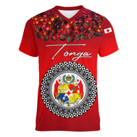 (Custom Personalised) Tonga Emancipation Day Women V Neck T Shirt Independence Day - Unique Kahoa Heilala Flower - Red LT8 - Polynesian Pride