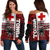 Tonga Kupesi Ngatu Off Shoulder Sweater Proud Tonga with Flag and Palm Tree LT9 Women Red - Polynesian Pride