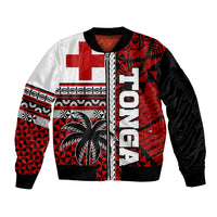 Tonga Kupesi Ngatu Sleeve Zip Bomber Jacket Proud Tonga with Flag and Palm Tree LT9 Unisex Red - Polynesian Pride