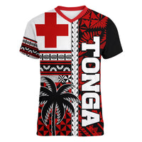 Tonga Kupesi Ngatu Women V Neck T Shirt Proud Tonga with Flag and Palm Tree LT9 - Polynesian Pride