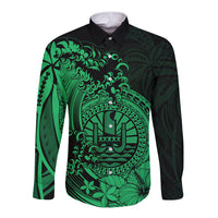 Polynesian Tahiti Island Long Sleeve Button Shirt The Wave of Water - Green LT9 Unisex Green - Polynesian Pride