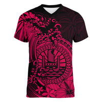 Polynesian Tahiti Island Women V Neck T Shirt The Wave of Water - Pink LT9 - Polynesian Pride