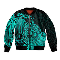 Polynesian Tahiti Island Bomber Jacket The Wave of Water - Turquoise LT9 Unisex Turquoise - Polynesian Pride