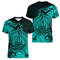 Polynesian Tahiti Island Women V Neck T Shirt The Wave of Water - Turquoise LT9 Female Turquoise - Polynesian Pride