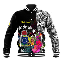 Cook Island Baseball Jacket Tribal Polynesian and Tropical Flowers LT9 Unisex Black - Polynesian Pride