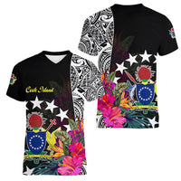 Cook Island Women V Neck T Shirt Tribal Polynesian and Tropical Flowers LT9 Female Black - Polynesian Pride