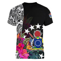 Cook Island Women V Neck T Shirt Tribal Polynesian and Tropical Flowers LT9 - Polynesian Pride
