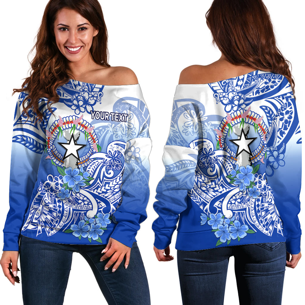 (Custom Personalised) Northern Mariana Islands Off Shoulder Sweater Polynesian Floral Tribal LT9 Women Blue - Polynesian Pride