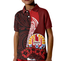 Tahiti Kid Polo Shirt Polynesian Coat Of Arm With Hibiscus LT9 Kid Red - Polynesian Pride