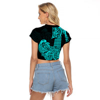 Hawaii Kakau Raglan Cropped T Shirt Polynesian Floral Tribal Aqua Version LT9 - Polynesian Pride