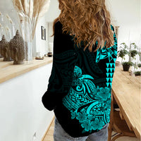 Hawaii Kakau Women Casual Shirt Polynesian Floral Tribal Aqua Version LT9 - Polynesian Pride