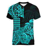 Hawaii Kakau Women V Neck T Shirt Polynesian Floral Tribal Aqua Version LT9 - Polynesian Pride