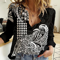 Hawaii Kakau Women Casual Shirt Polynesian Floral Tribal Black Version LT9 Female Black - Polynesian Pride