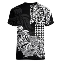 Hawaii Kakau Women V Neck T Shirt Polynesian Floral Tribal Black Version LT9 - Polynesian Pride