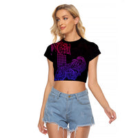 Hawaii Kakau Raglan Cropped T Shirt Polynesian Floral Tribal Gradient Version LT9 Female Gradient - Polynesian Pride