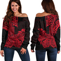 Hawaii Kakau Off Shoulder Sweater Polynesian Floral Tribal Red Version LT9 Women Red - Polynesian Pride