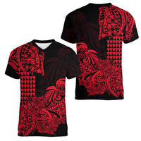 Hawaii Kakau Women V Neck T Shirt Polynesian Floral Tribal Red Version LT9 Female Red - Polynesian Pride