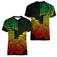 Hawaii Kakau Women V Neck T Shirt Polynesian Floral Tribal Reggae Version LT9 Female Reggae - Polynesian Pride
