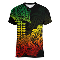 Hawaii Kakau Women V Neck T Shirt Polynesian Floral Tribal Reggae Version LT9 - Polynesian Pride