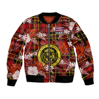 Hawaii State Sleeve Zip Bomber Jacket Tropical Flowers Mix Tartan Red Version LT14 Unisex Red - Polynesian Pride