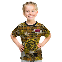 Hawaii State Kid T Shirt Tropical Flowers Mix Tartan Gold Version LT14 - Polynesian Pride