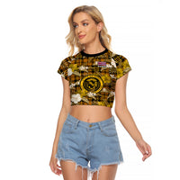 Hawaii State Raglan Cropped T Shirt Tropical Flowers Mix Tartan Gold Version LT14 Female Gold - Polynesian Pride
