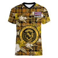 (Custom Personalised) Hawaii State Women V Neck T Shirt Tropical Flowers Mix Tartan Gold Version LT14 - Polynesian Pride