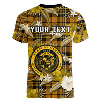 (Custom Personalised) Hawaii State Women V Neck T Shirt Tropical Flowers Mix Tartan Gold Version LT14 - Polynesian Pride