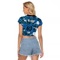Hawaii State Raglan Cropped T Shirt Tropical Flowers Mix Tartan Blue Version LT14 - Polynesian Pride