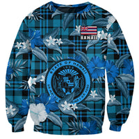 Hawaii State Sweatshirt Tropical Flowers Mix Tartan Blue Version LT14 Unisex Blue - Polynesian Pride