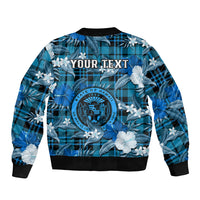 (Custom Personalised) Hawaii State Sleeve Zip Bomber Jacket Tropical Flowers Mix Tartan Blue Version LT14 - Polynesian Pride