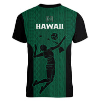 Hawaii Volleyball Women V Neck T Shirt Hawaiian Kakau Green Style LT14 - Polynesian Pride